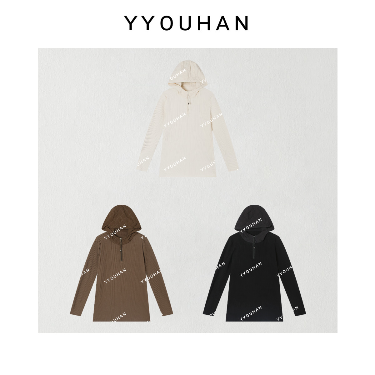 YYOUHAN 2025秋款拼接设计竖纹半拉链格子连帽卫衣 2310A1603