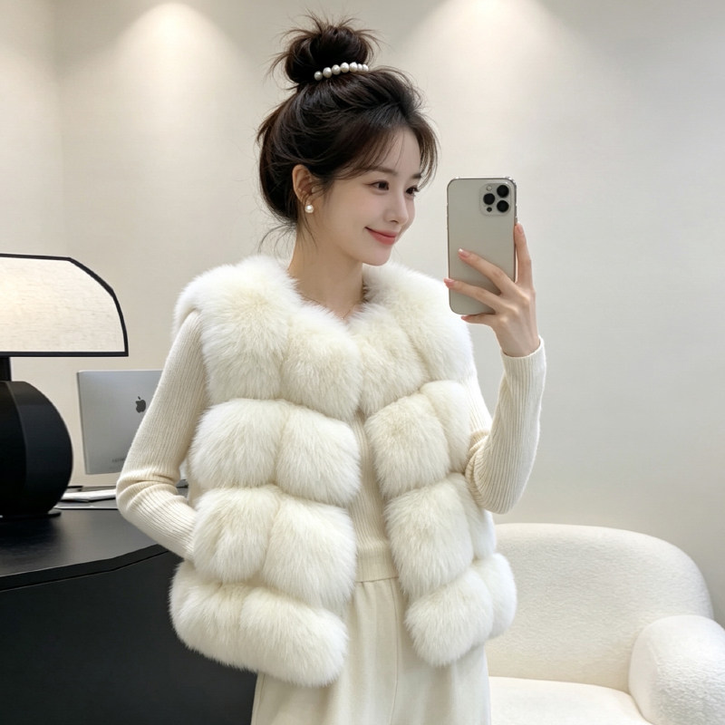 新款仿狐狸毛精灵皮草马甲女高级感白色拼接无袖小个子背心毛外套