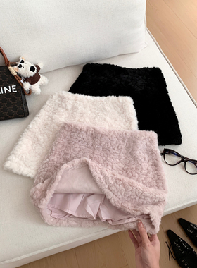 RENA~羊羔A字裙 杏色羊羔毛A字短裙女冬季毛绒百搭高腰半身短裙