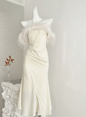 从一时刻 浮世舞会白色一字肩连衣裙2023新款女秋显身材裙