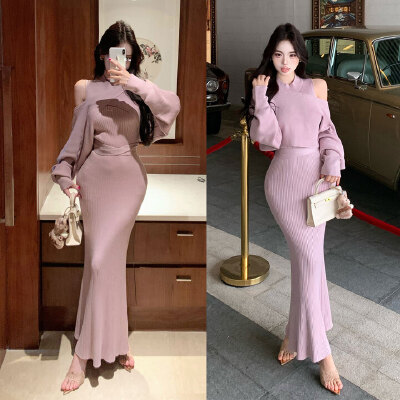 超好看步步生莲灯笼袖罩衫针织毛衣背心鱼尾连衣裙两件套套装秋冬图片