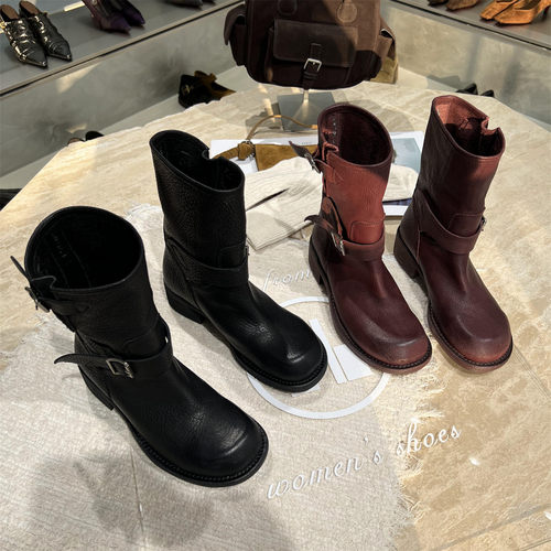 欧货真皮套筒粗跟马丁靴短靴