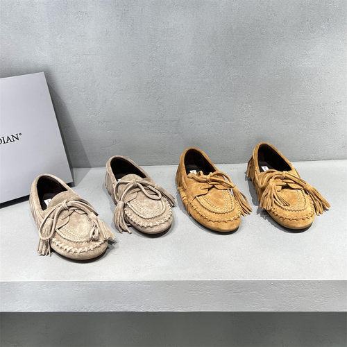 真皮系带平底流苏懒人豆豆鞋单鞋