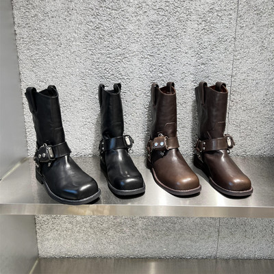 乐魔真皮胎牛皮厚底马丁靴中筒靴