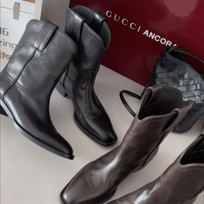 欧货真皮圆头粗跟套筒机车马丁靴