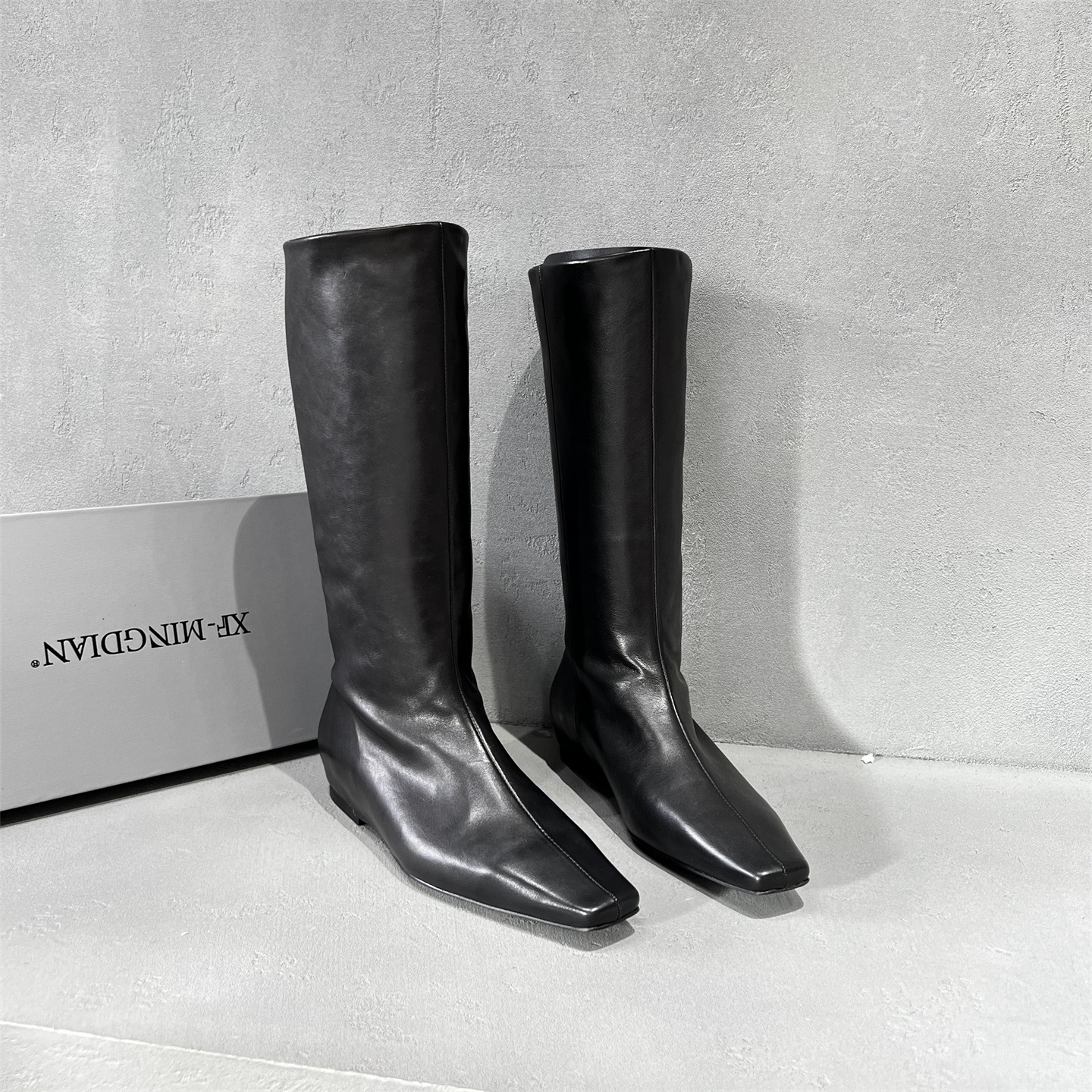 真皮方头低跟高筒长靴骑士靴欧货