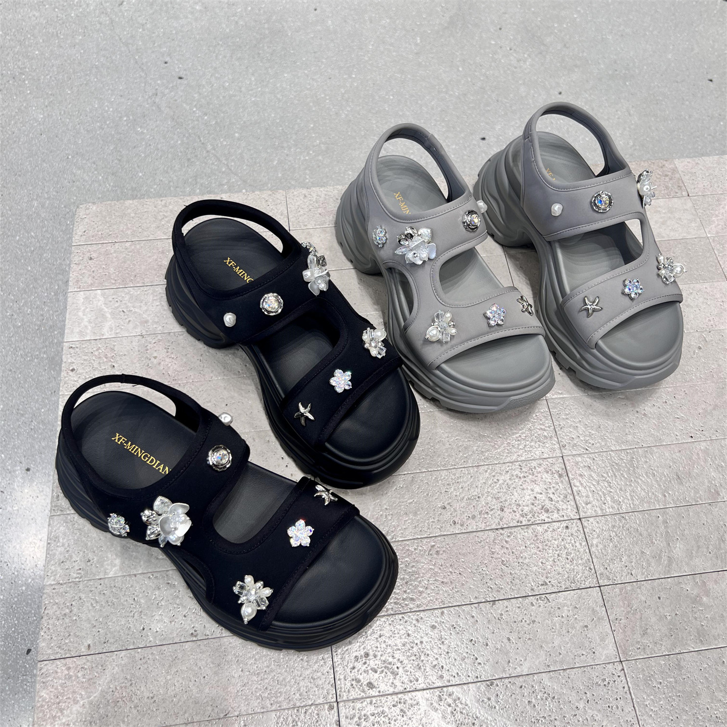 真皮水钻莱卡布厚底沙滩鞋凉鞋潮