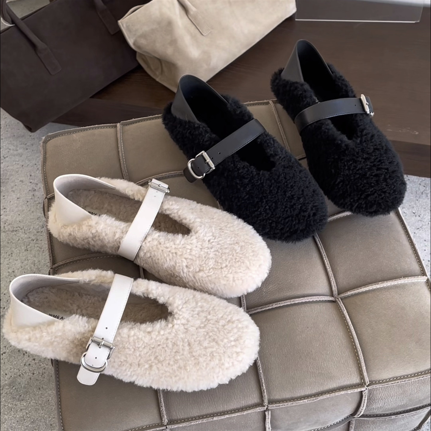 WM6真皮扣带加绒保暖毛毛鞋棉鞋