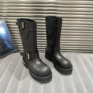 欧洲站乐魔女靴2025秋新款欧货真皮扣带厚底机车全皮高筒靴骑士靴