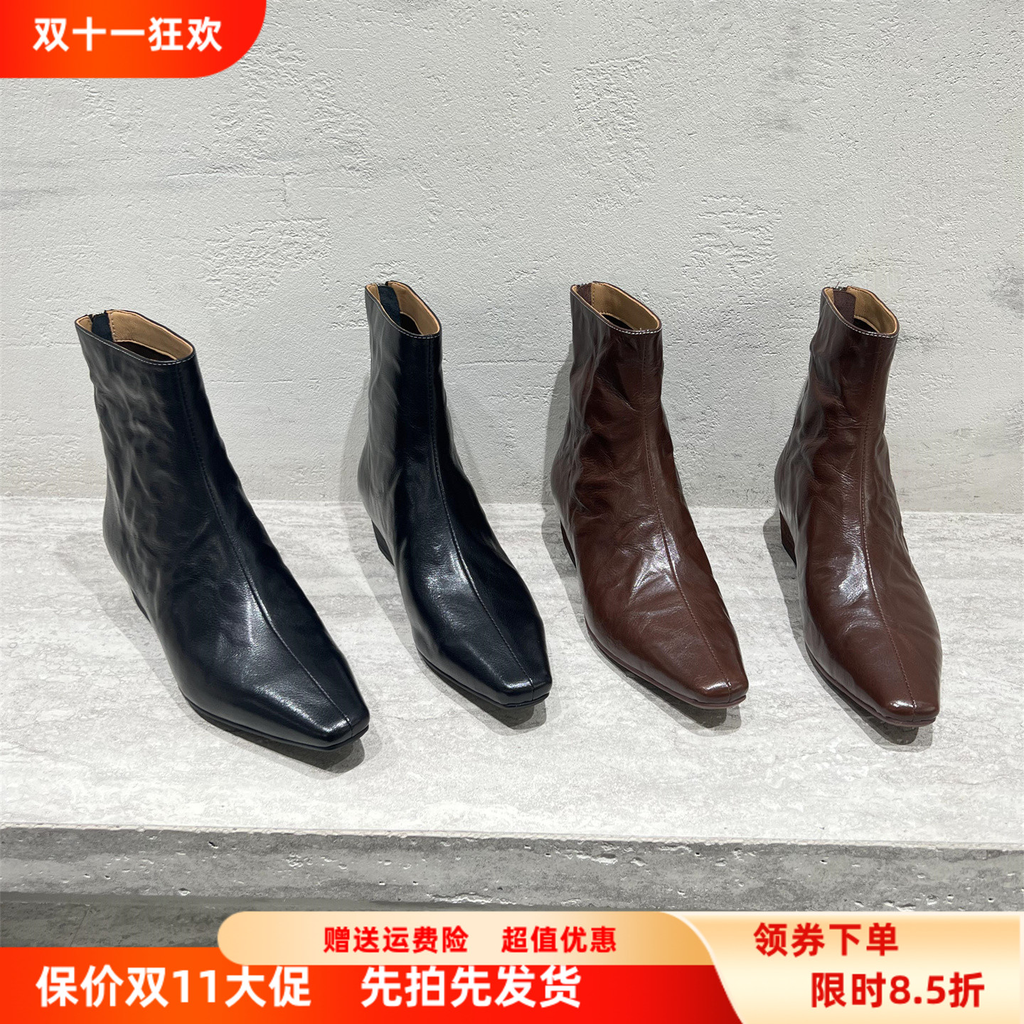 真皮方头后拉链高跟短靴马丁靴潮