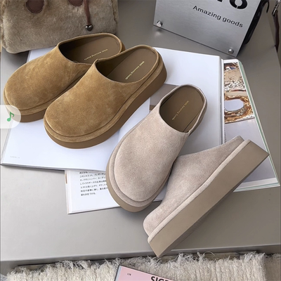 wm6女鞋2026春新款欧货真皮磨砂厚底懒人勃肯半拖鞋时尚包头拖鞋