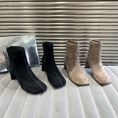 乐魔真皮方粗跟后拉链短靴马丁靴