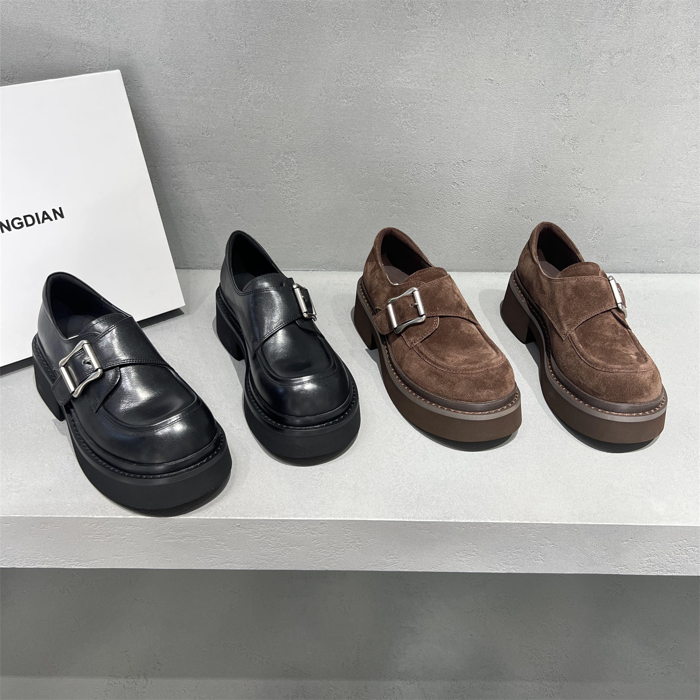 真皮魔术贴厚底英伦乐福鞋单鞋潮