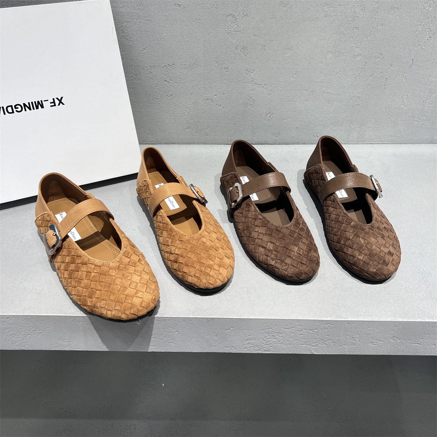 真皮编织一字带平底单鞋玛丽珍鞋