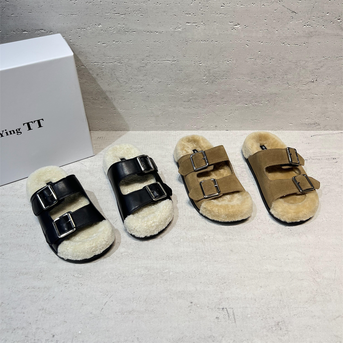 真皮羊羔毛厚底扣带勃肯一字拖鞋