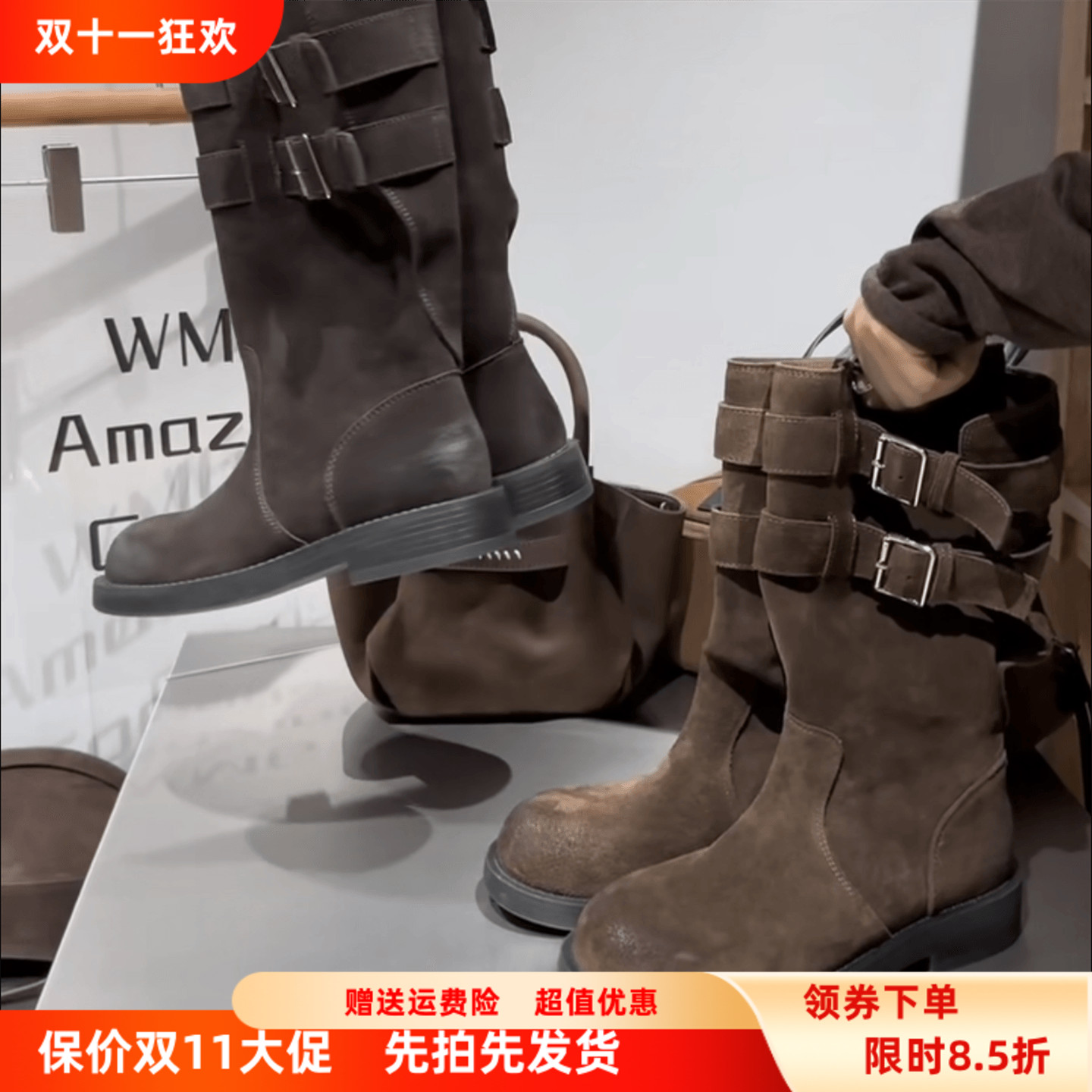 欧洲站真皮圆头皮带扣磨砂皮靴子