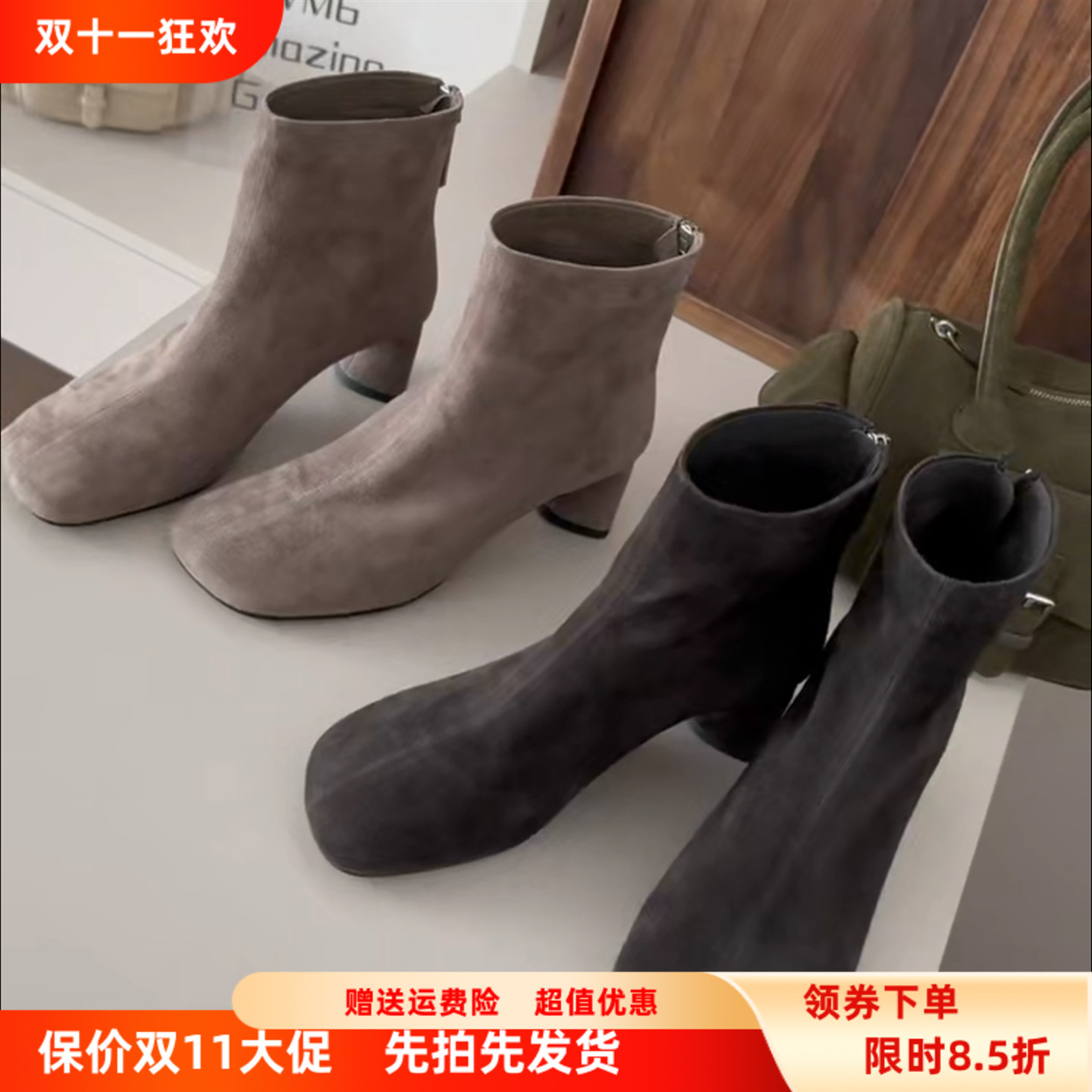 欧洲站真皮圆头后拉链高跟马丁靴