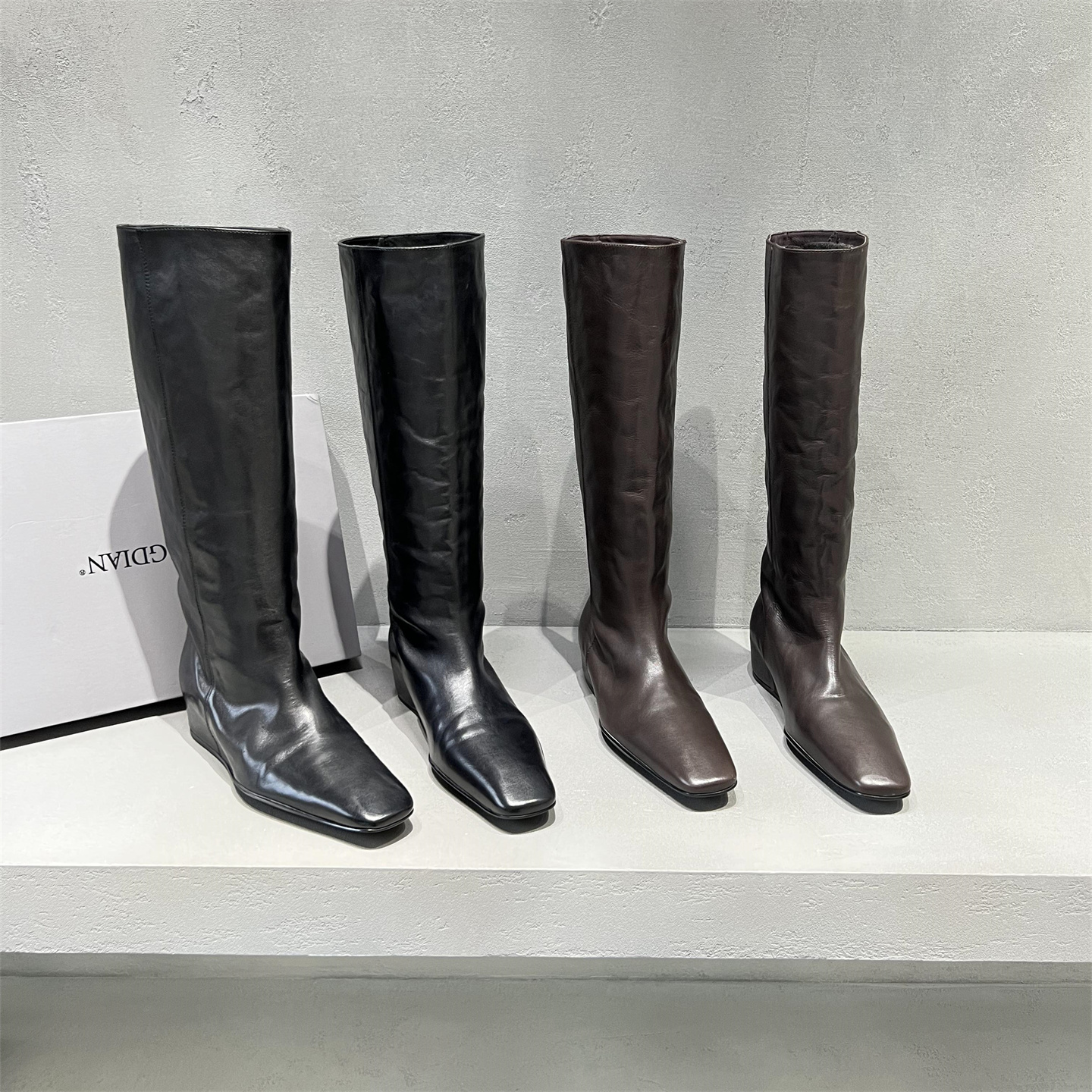 真皮方头增高时装高筒长靴骑士靴