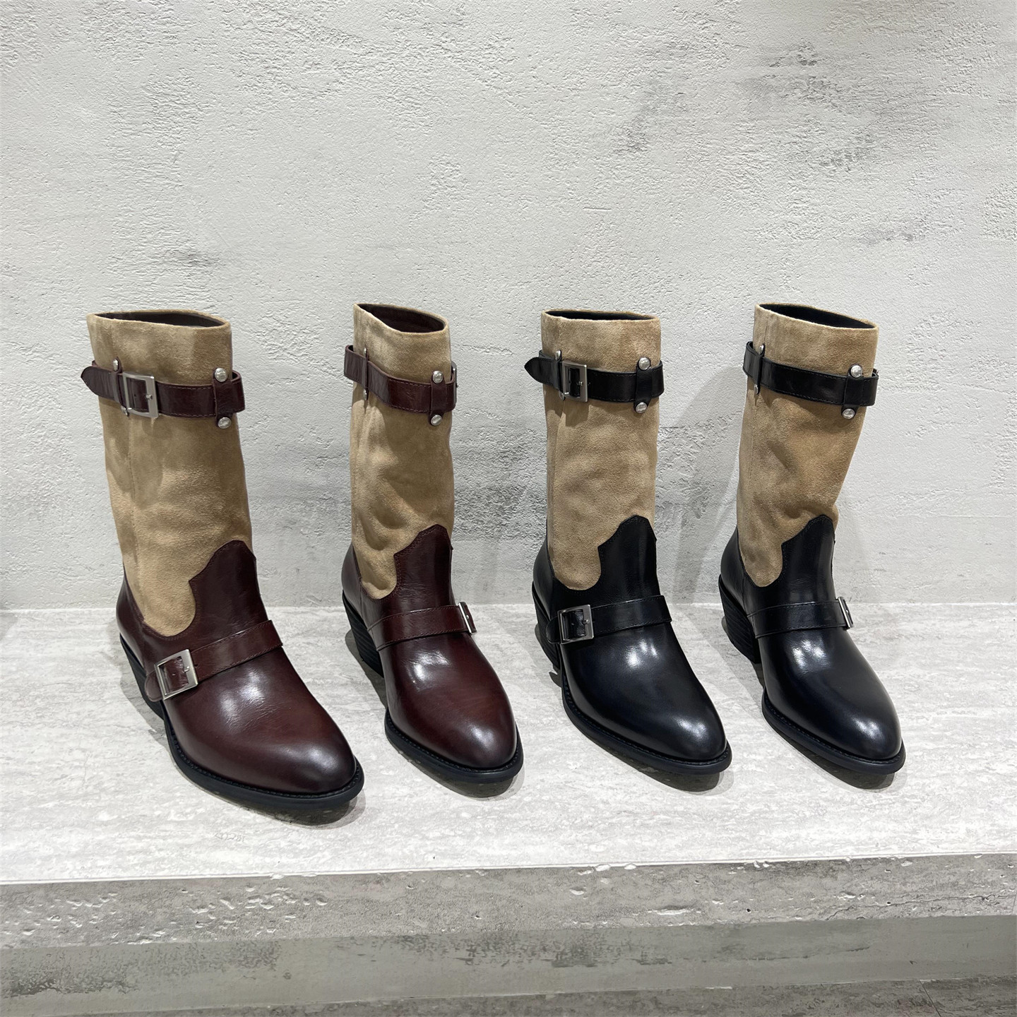 真皮扣带粗跟西部牛仔靴马丁靴潮