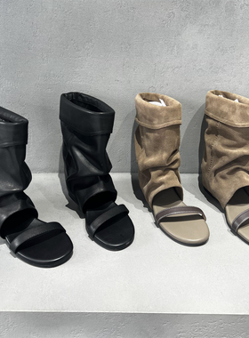 欧洲站女靴2026春新款欧货真皮圆头内增高包跟凉鞋漏趾短靴马丁靴