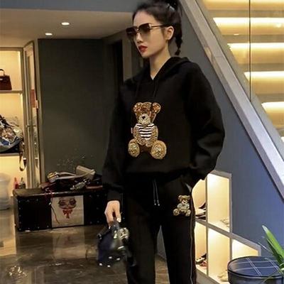 2025秋冬小个子休闲时尚高级感加绒小熊卫衣卫裤运动服两件套装女