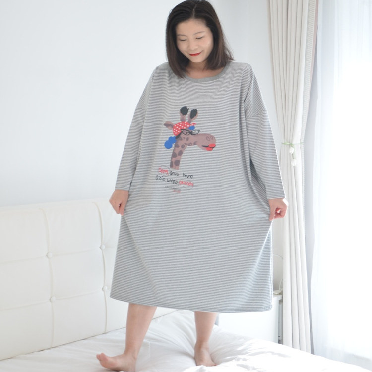 200斤卡通长颈鹿河马加大码长袖睡裙女胖MM春秋薄款纯棉家居睡衣
