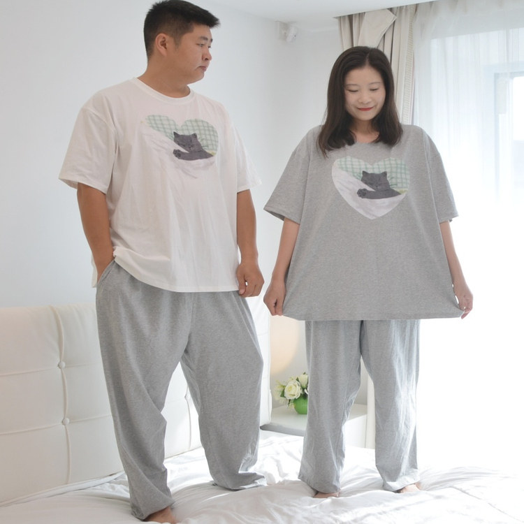 加肥大码卡通猫咪情侣睡衣男女夏季短袖长裤纯棉休闲家居服200斤