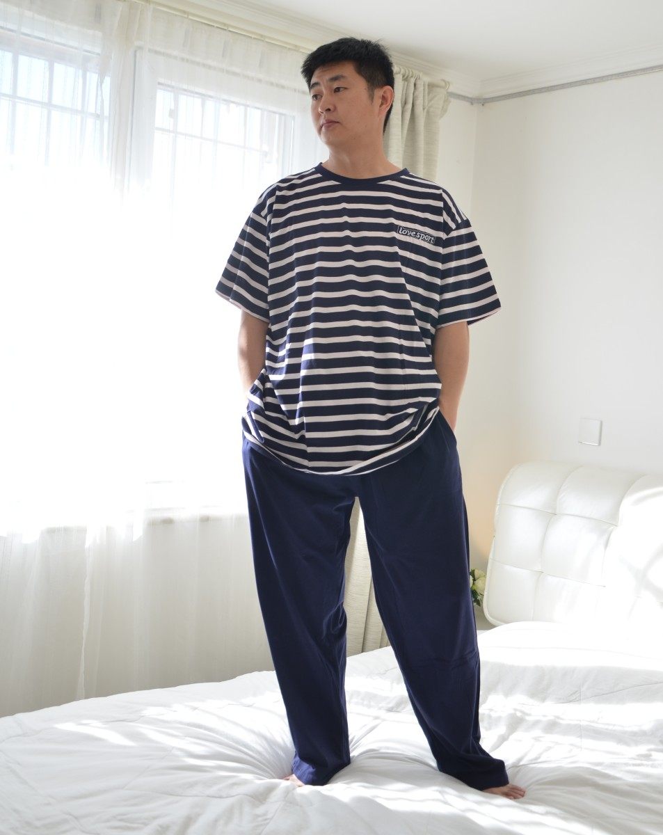 300斤超肥大码夏季男士短袖长裤圆领条纹套头薄款纯棉睡衣家居服