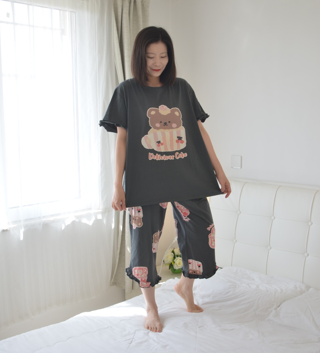 蛋糕熊睡衣女夏季短袖七分裤纯棉加肥加大码胖MM200斤家居服套装
