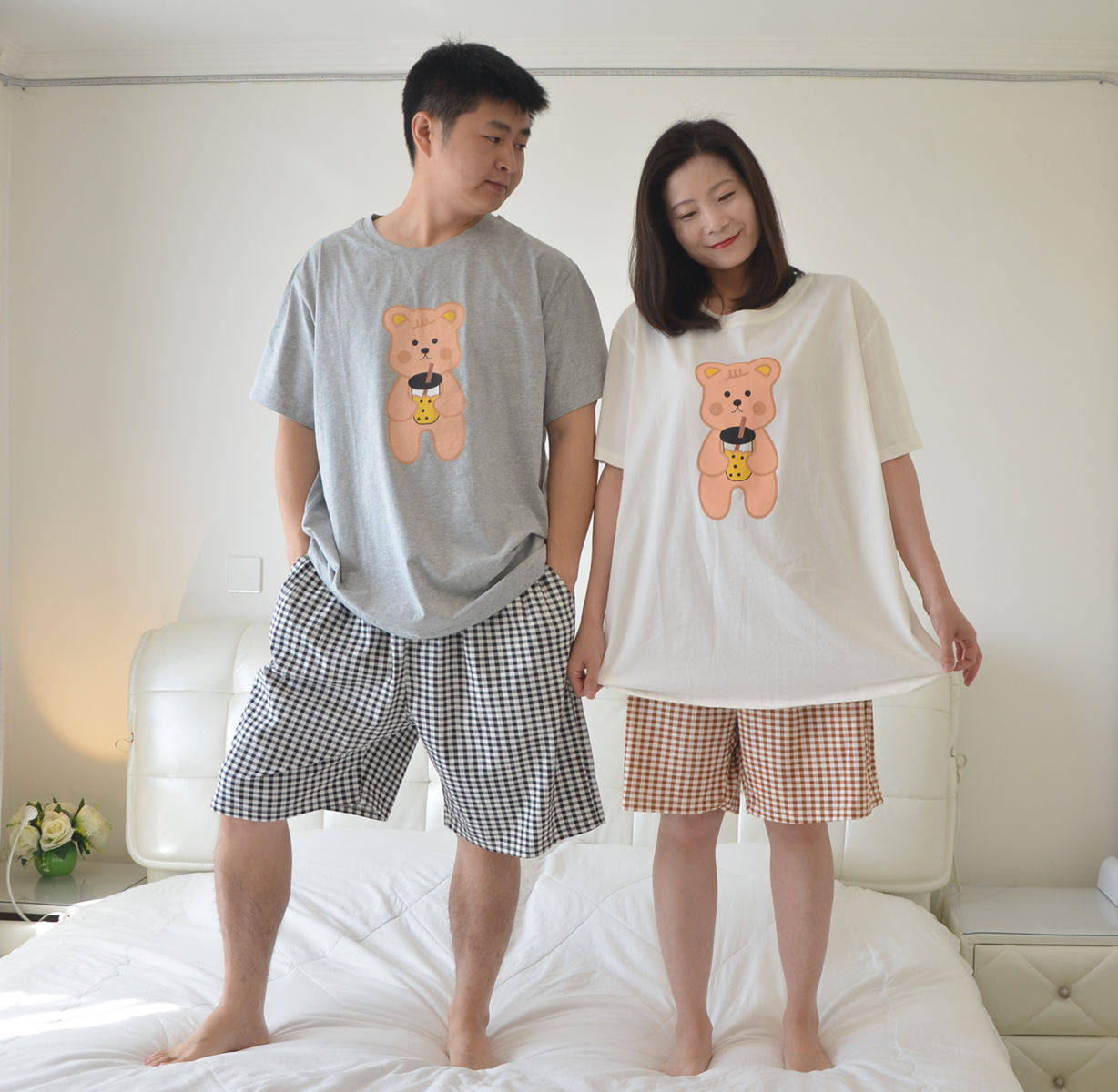 加肥大码奶茶熊情侣睡衣男女夏季纯棉圆领短袖短裤家居服套装胖MM