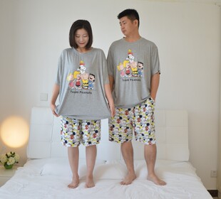 短裤 短袖 莫代尔家居服 加肥加大码 200斤卡通小狗情侣睡衣男女夏季