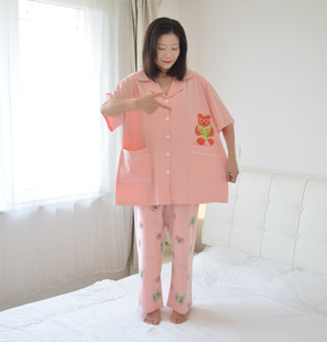 睡衣女夏季 短袖 长裤 卡通家居服 纯棉胖MM开衫 衬衫 260斤加肥大码 款