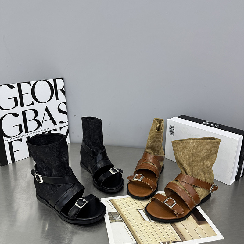 夏季日系交叉绑带马丁靴女短筒凉鞋靴皮带扣磨砂皮中跟靴子518-77