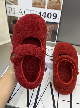 羊毛棉瓢加绒毛绒玛丽珍鞋浅口一脚蹬豆豆鞋休闲懒人鞋红色25-21