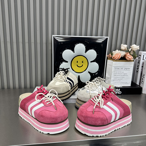 甜美粉厚底增高包头拖女透气