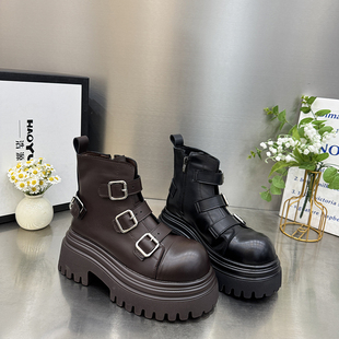 2025新款 真皮厚底皮带扣女靴马丁靴女英伦风复古短筒机车靴168