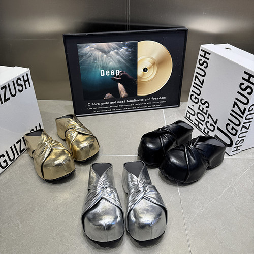 真皮方头包头半拖松糕底穆勒鞋