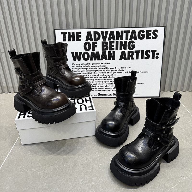 厚底马丁靴女2025新款皮带扣英伦朋克机车靴小个子增高短靴585-15,女鞋,马丁靴,淘宝优惠券,粉丝福利购,淘宝优惠卷