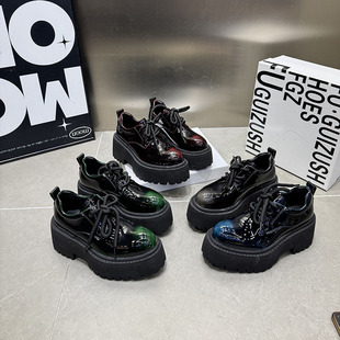 2016 26厚底松糕鞋 百搭单鞋 尖头擦头增高小皮鞋 女黑色漆皮德比鞋