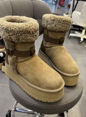 冬季款羊毛口高筒翻毛卷毛口皮带扣雪地靴厚底骑士靴保暖女鞋1457