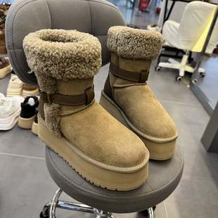 冬季款羊毛口高筒翻毛卷毛口皮带扣雪地靴厚底骑士靴保暖女鞋1457
