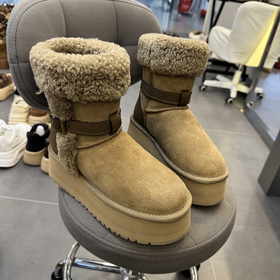 冬季款羊毛口高筒翻毛卷毛口皮带