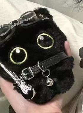 小众黑色猫咪毛绒挂件高级包包钥匙扣公仔通用挂链朋克风礼物女生