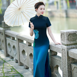走秀旗袍长款短袖飘逸秀舞台演出服大码复古中国风年轻款改良旗袍