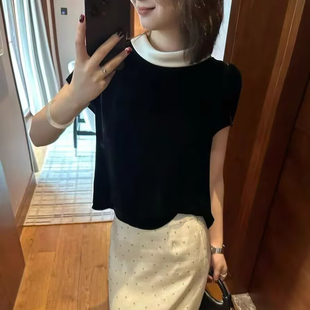 桑蚕丝！法式赫本风撞色拼接荡领真丝丝绒短袖衬衫上衣女夏季