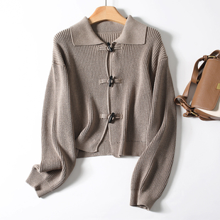 西班牙D！复古时髦翻领牛角扣宽松百搭短款针织开衫毛衣外套女秋