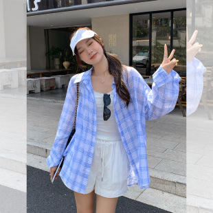 慵懒松驰感蓝色格纹衬衫 防晒衬衣休闲上衣 女夏季 宽松百搭翻领长袖