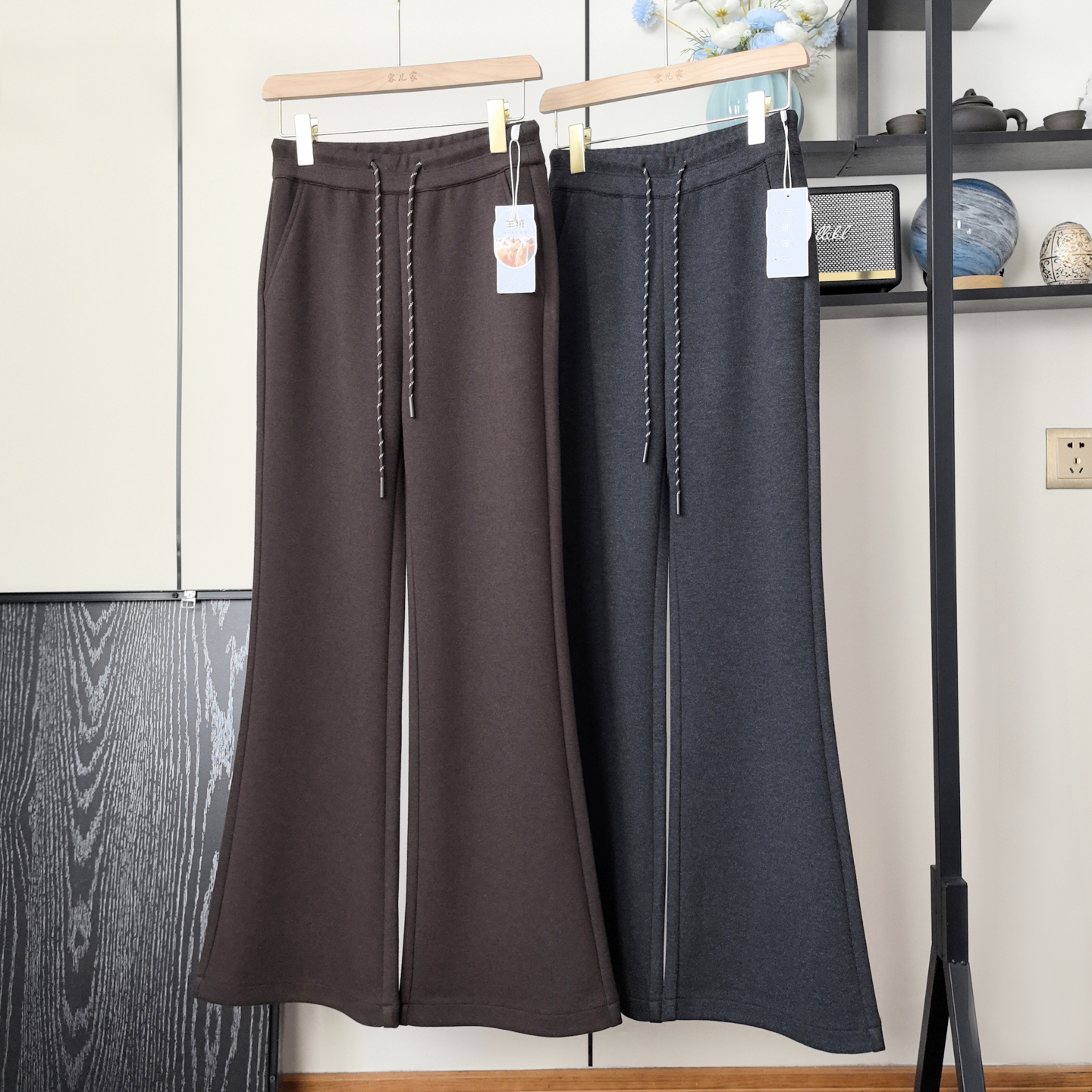 显瘦真丝羊绒醋酸加厚毛呢微喇裤