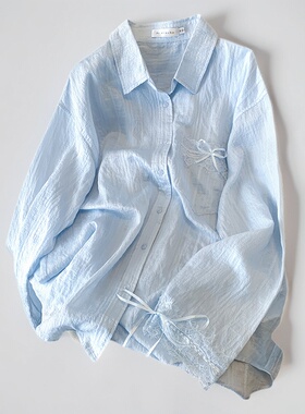 设计感蕾丝拼接系带蓝色薄款防晒衬衣女2025夏季冰丝宽松衬衫外套