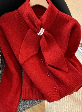自留款推荐~新年红色配围脖单排两粒扣毛衣开衫女款秋冬宽松上衣